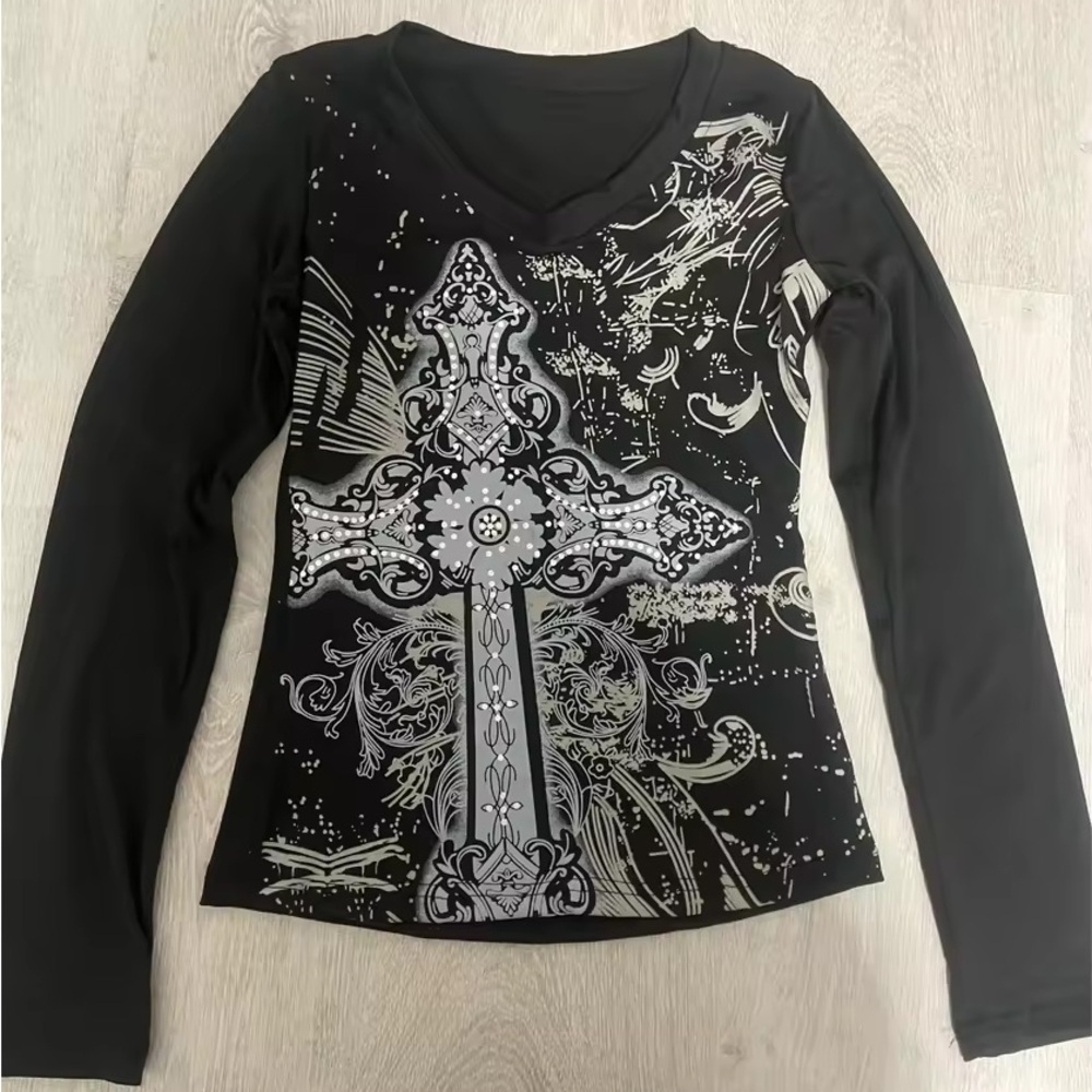 Black and Gray Long Sleeve Women's Top
